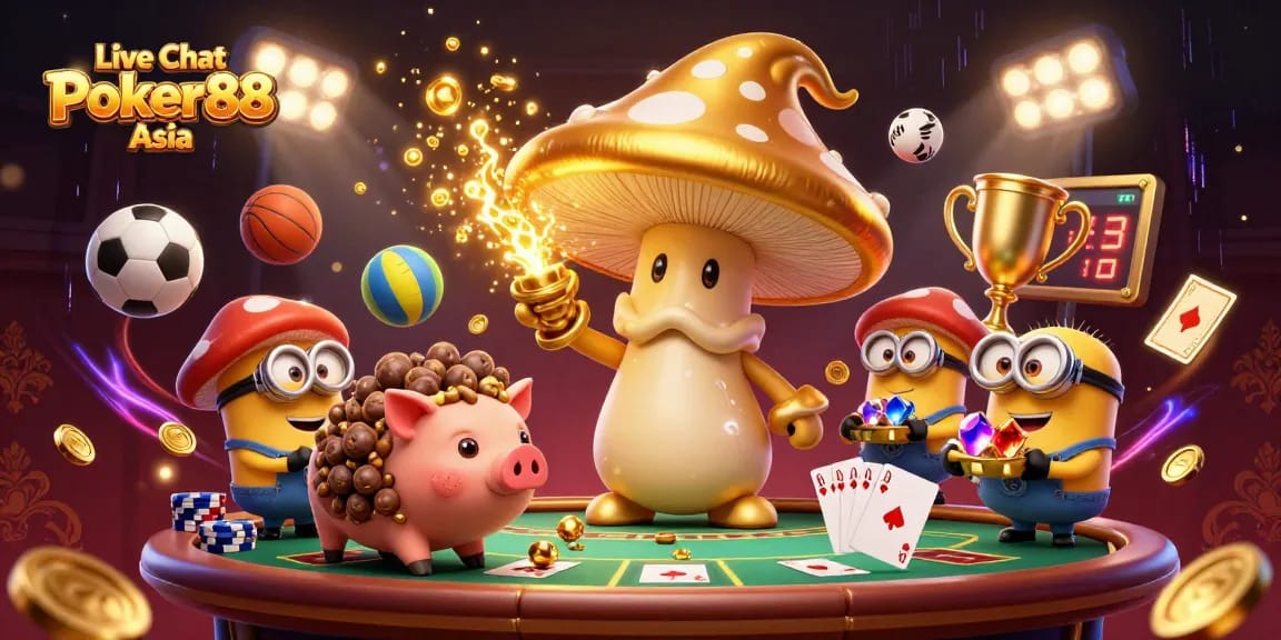 Experience engaging poker action with Live Chat Poker88 Asia in a vibrant, dynamic 3D illustration.