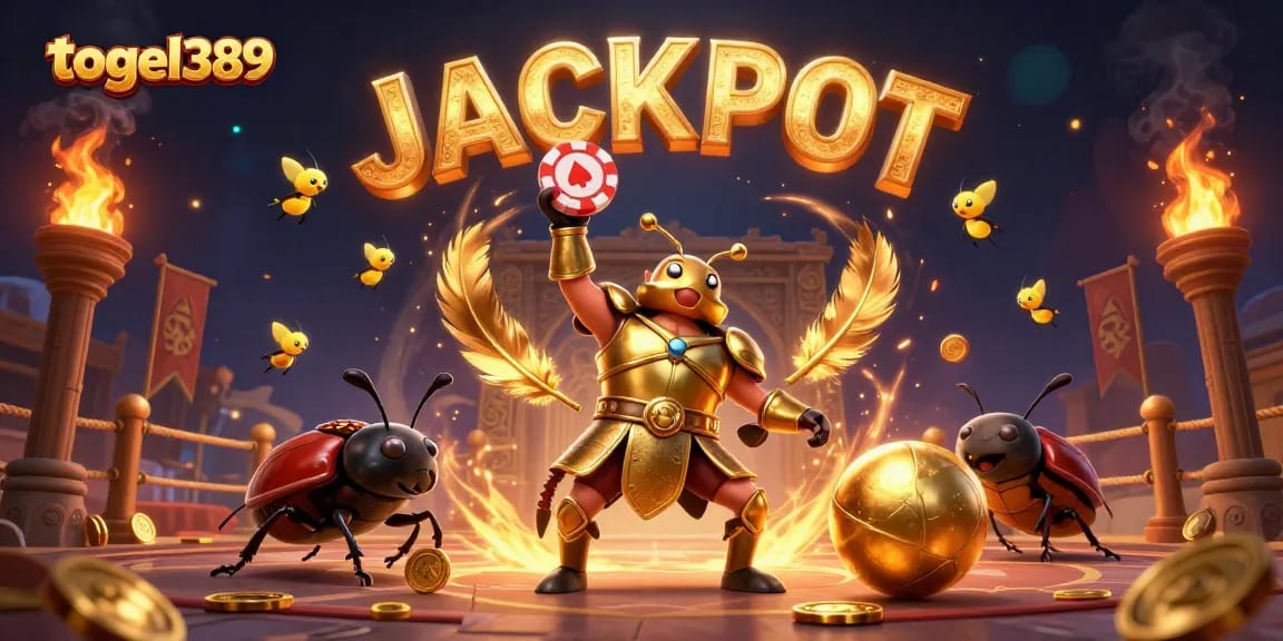 Experience the excitement of winning with togel389 in a vibrant 3D illustration featuring a victorious beetle champion.