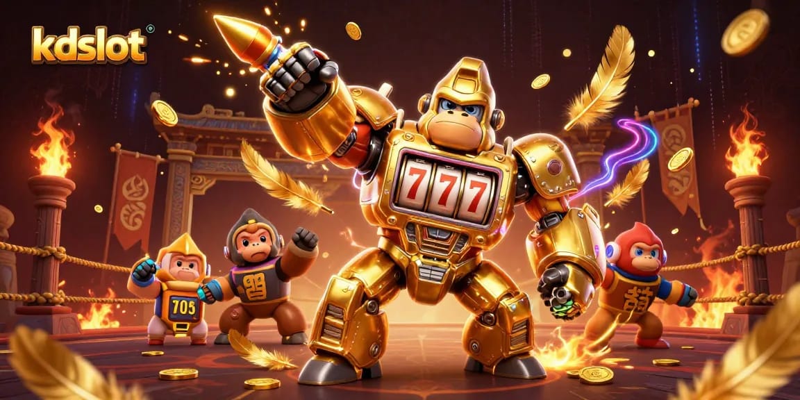 Experience thrilling victories with kdslot in this packed 3D casino scene featuring an impressive golden mech.