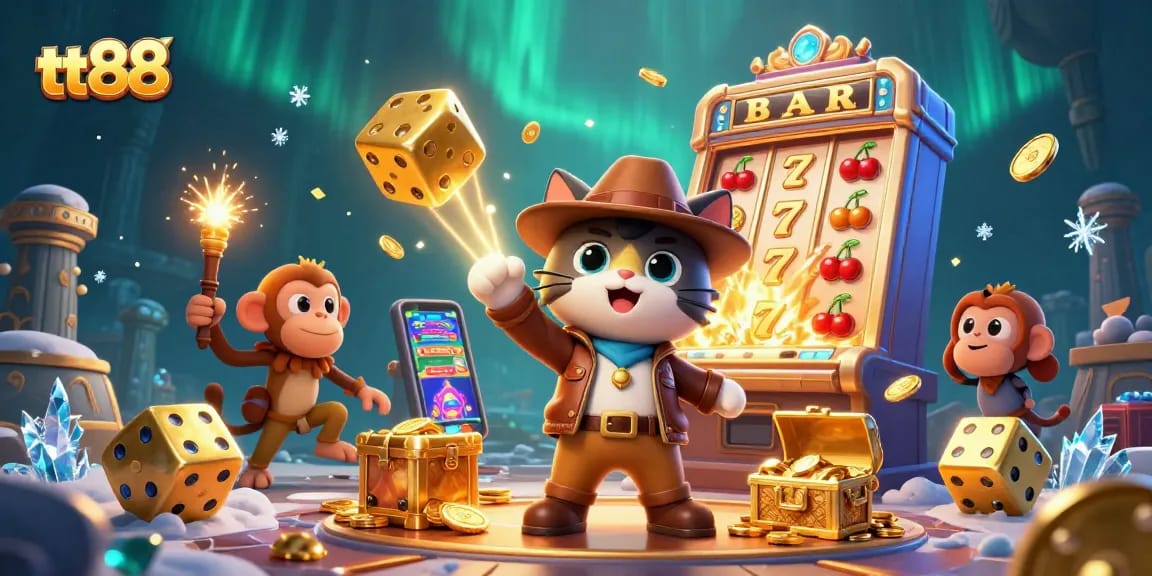 Spin to win at tt88 with an explorer cat and monkey companion discovering casino treasures.