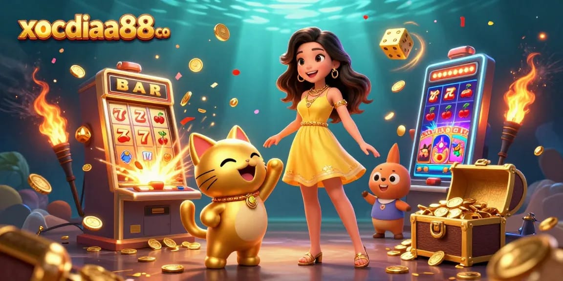 Experience the excitement at xocdiaa88 co with a vibrant casino scene featuring slot machines and golden elements.