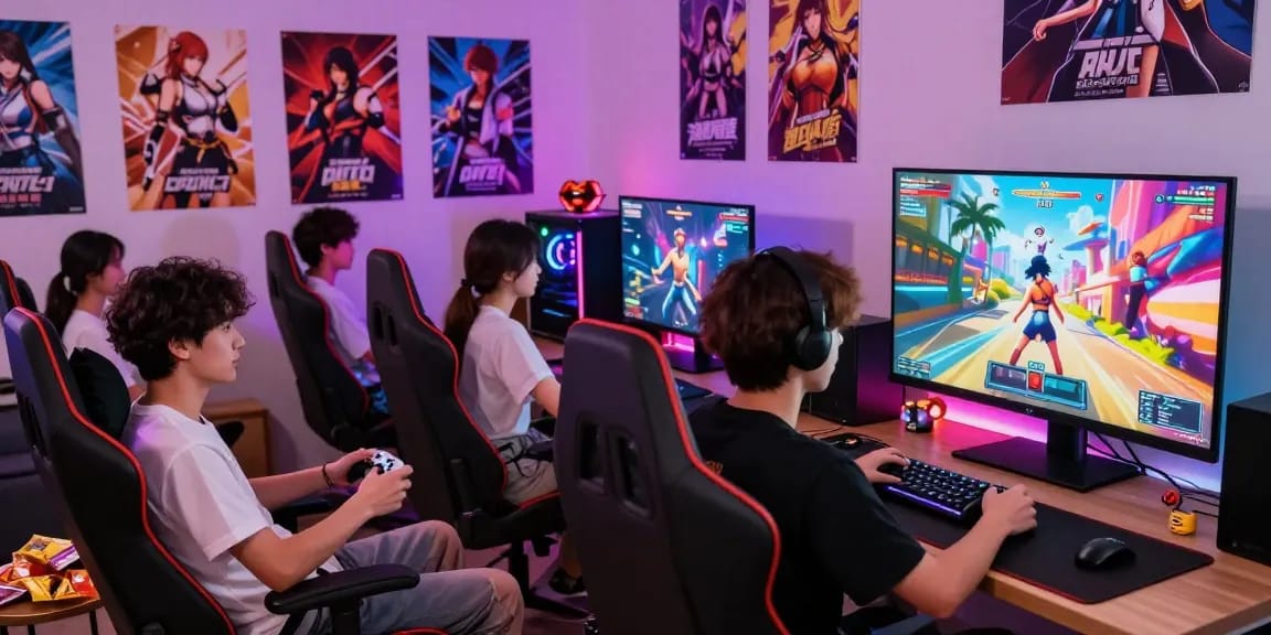 Engaged players exploring exciting hentai games in a vibrant gaming room atmosphere.