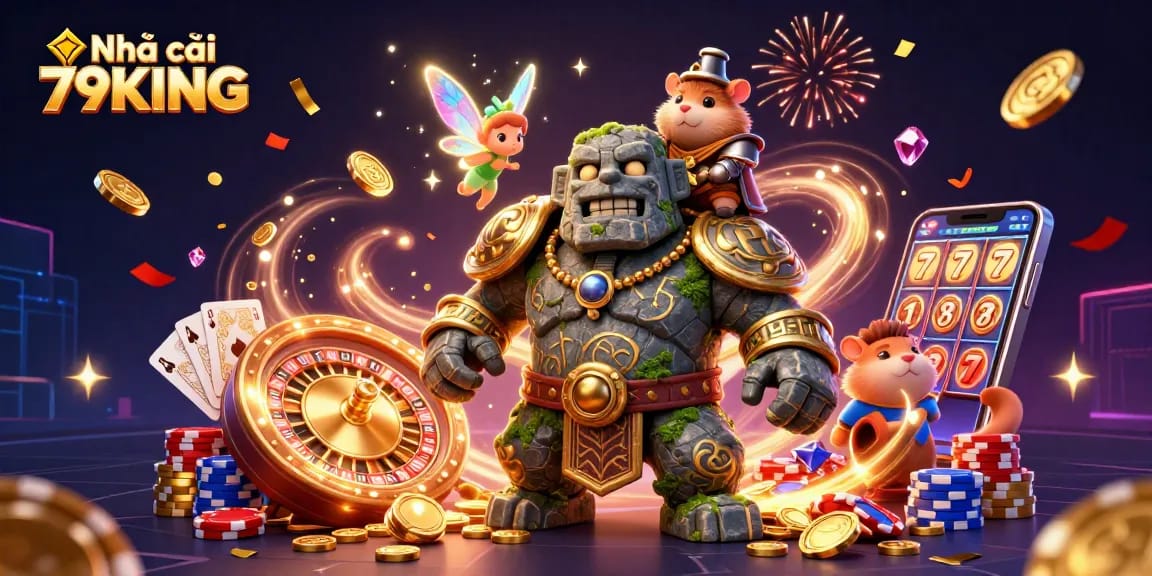 Engage with Nhà cái 79KING as the ancient stone golem guardian brings the casino to life with magic and excitement.