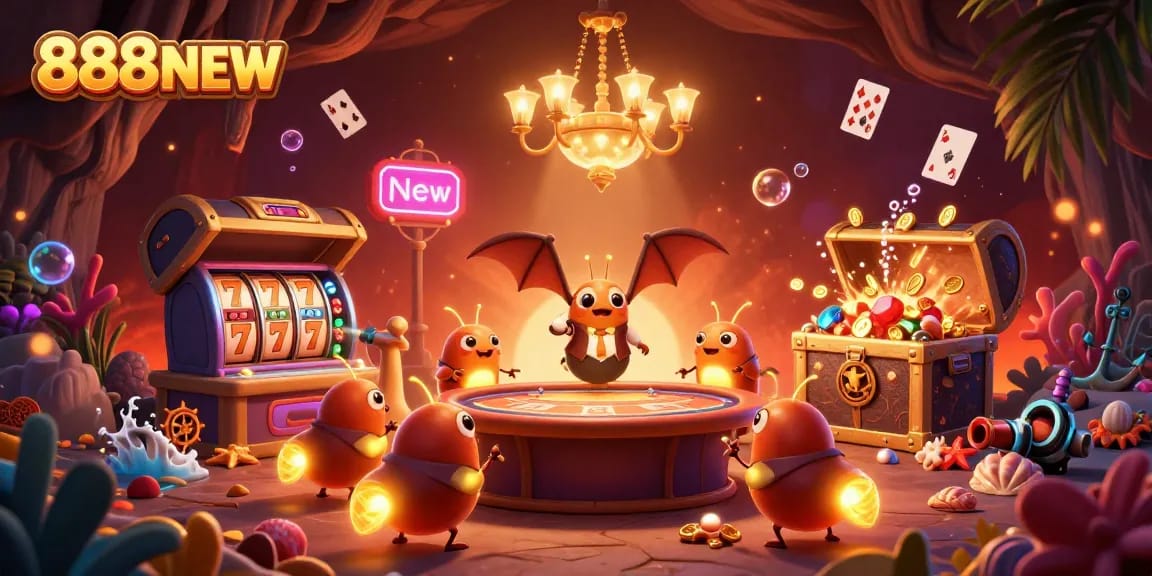Experience the vibrant casino atmosphere of 888NEW with glowworms lighting up a 3D cave scene, featuring slot games and rich casino elements.