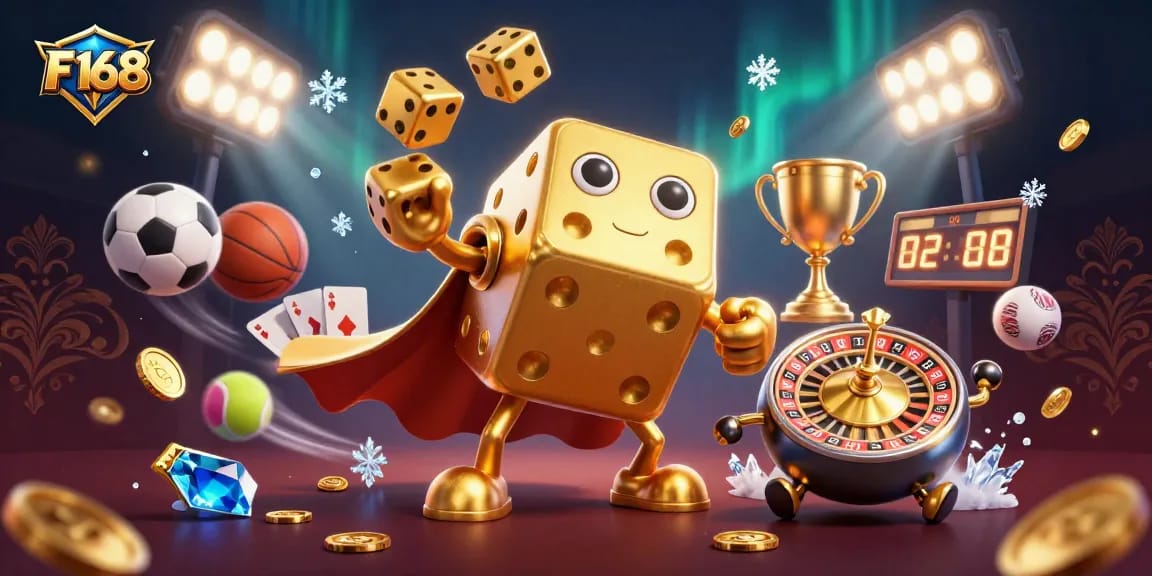 Experience exciting gameplay with F168's vibrant casino scene featuring a dice golem and sports elements.
