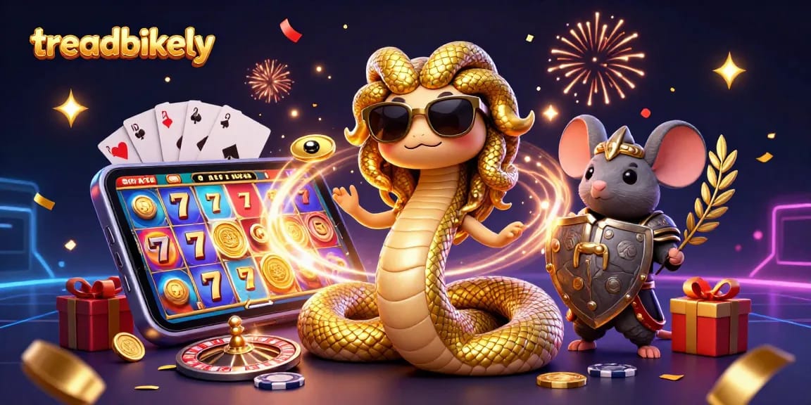 Treadbikely showcases a colorful slot game scene with Medusa, a warrior mouse, and dynamic casino elements.