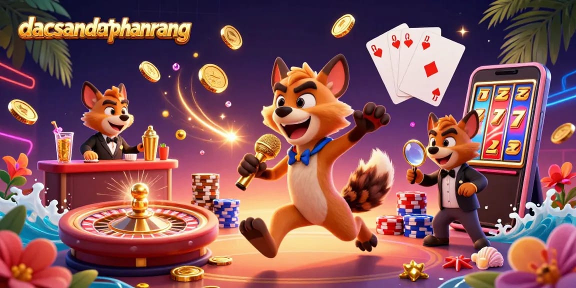 Hyenas entertain in a vibrant casino scene embodying dacsandatphanrang energy with cascading coins.