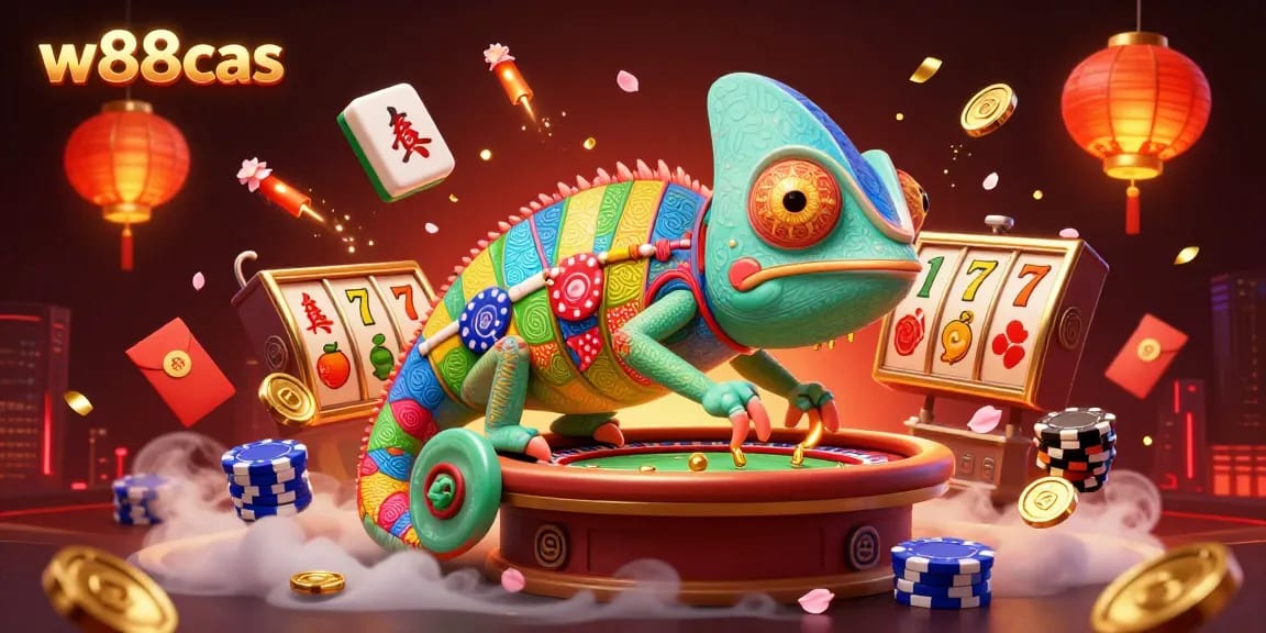 Join exciting games at w88cas with vibrant slots and a colorful chameleon casino owner!