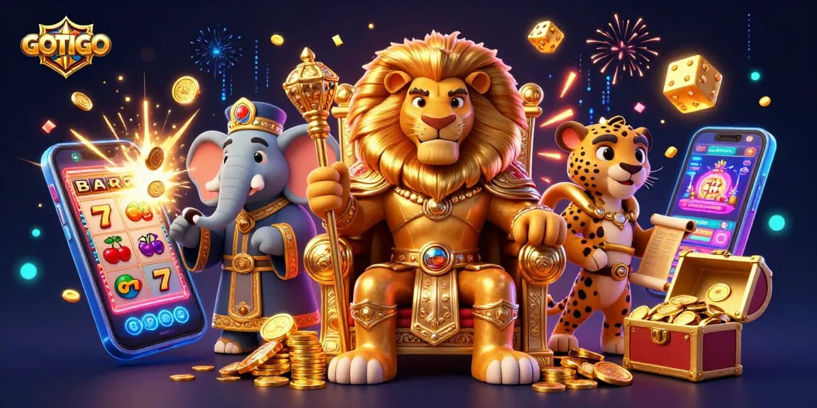 Rasakan kegembiraan slot GOTOTO dengan ilustrasi kasino yang penuh warna yang menampilkan elemen permainan ikonik.