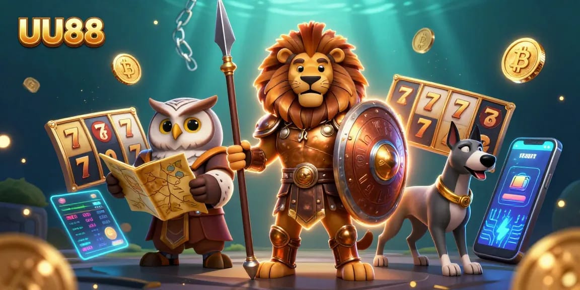 Engage with UU88, featuring a Spartan lion, tactical owl, and swift greyhound in a dynamic casino scene.