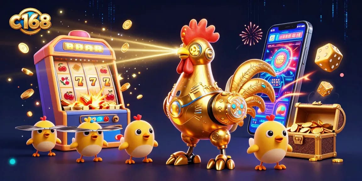 Engage with c168's vibrant gaming world powered by golden rooster robots and dynamic slot machine action.