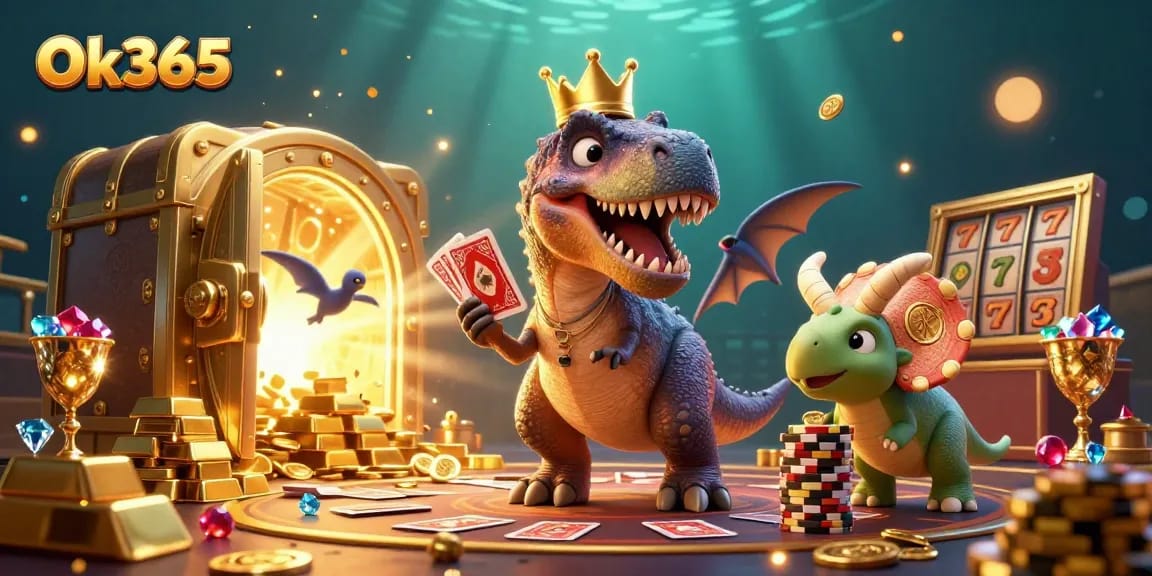 Experience thrilling wins at Ok365 with T-Rex shuffling cards and dinosaur friends in a lively casino setting.