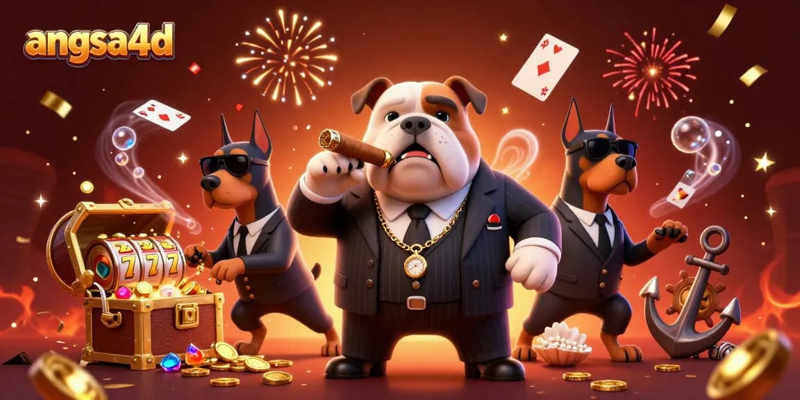 Experience thrilling gameplay with angsa4d featuring a mafia bulldog and Doberman bodyguards surrounded by gold coins and slot reels.