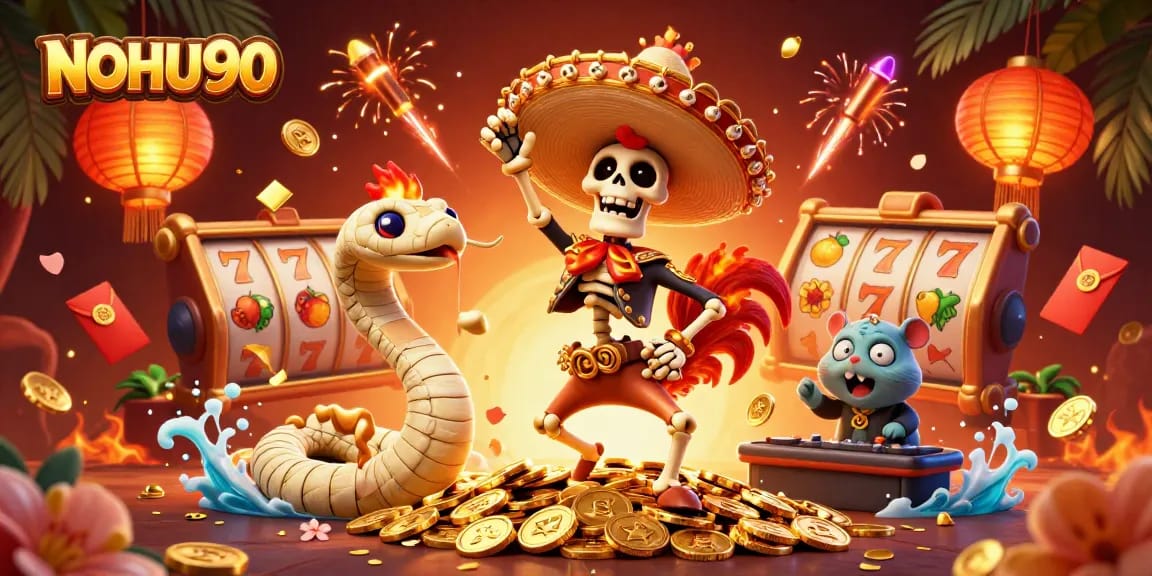 NOHU90 showcases a festive casino scene with a lively skeleton mariachi and golden coins.