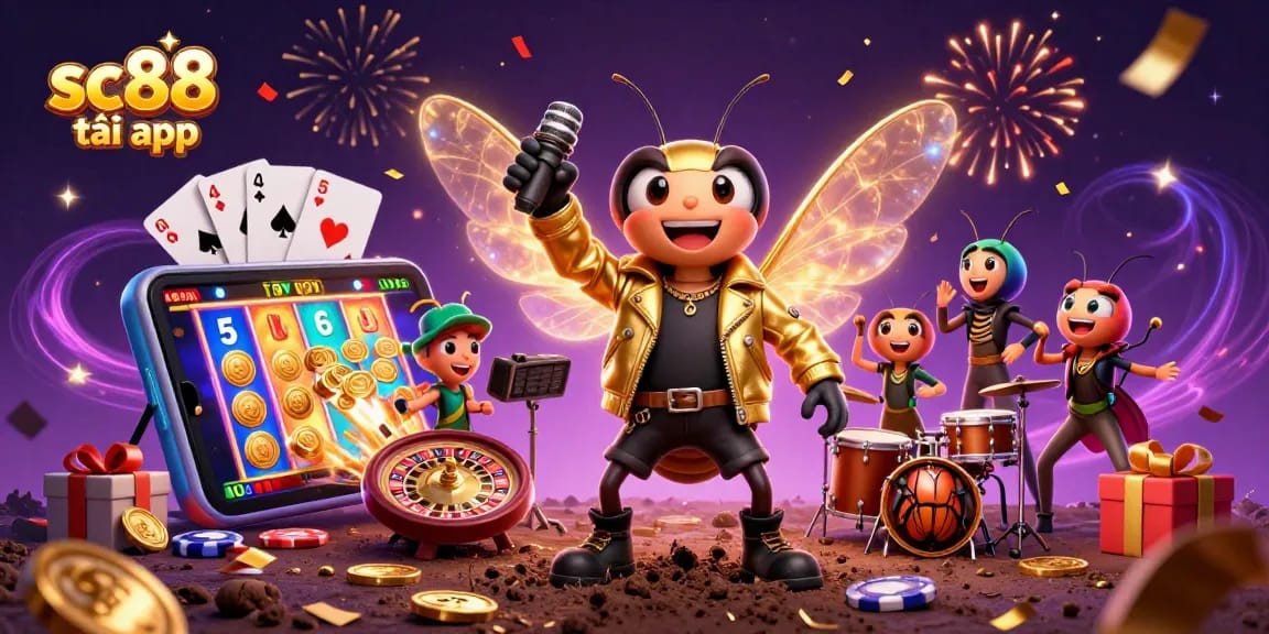 Experience thrilling gaming with sc88 tải app, as vibrant characters celebrate wins amidst colorful casino elements.