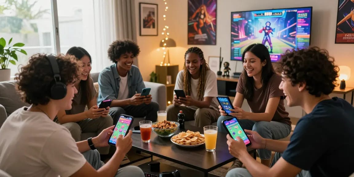 Friends enjoying the lucky-101 game in a cozy living room with snacks and vibrant decorations