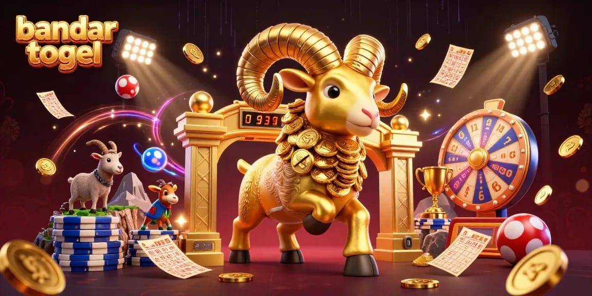 Experience thrilling bandar togel moments with animated lottery elements and a golden ram in this dynamic 3D scene.