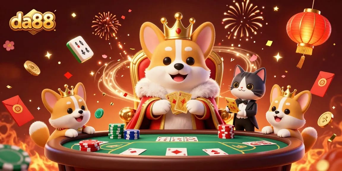 Experience exciting gameplay at da88 with a vibrant 3D scene showcasing poker, mahjong, and festive elements.