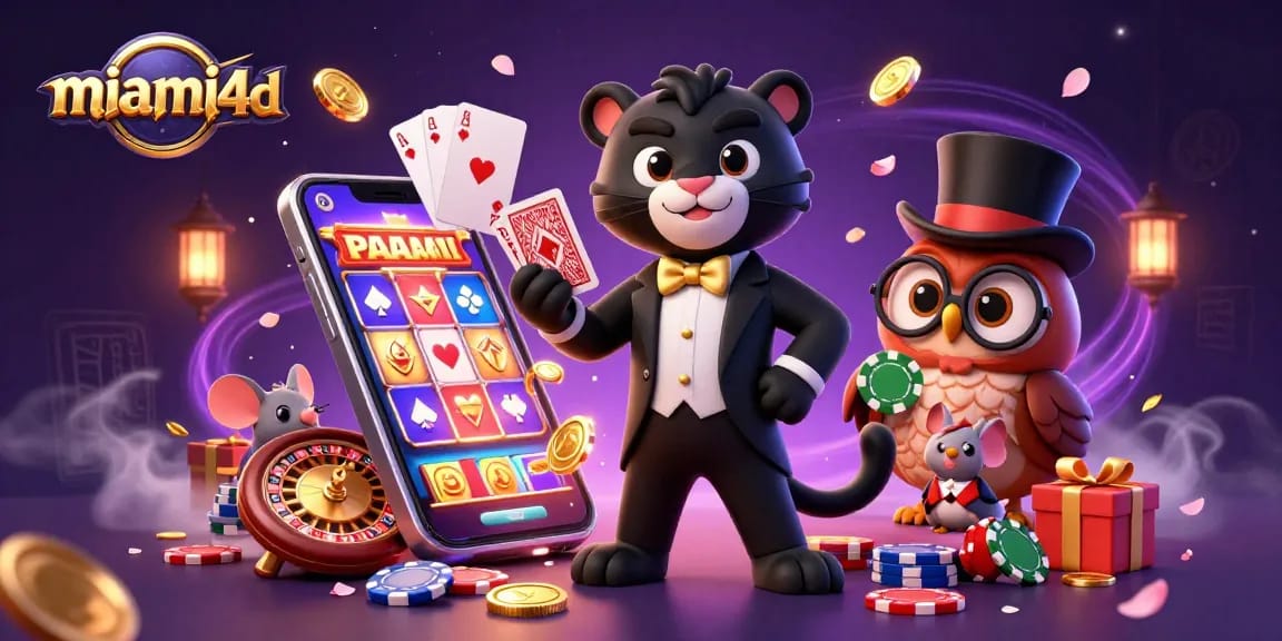Engage with the vibrant action of miami4d as characters deal cards and showcase exciting casino elements.