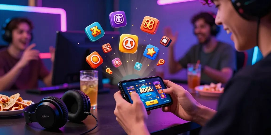 Engaging gaming moment with KO66 app on smartphone in a vibrant setting, showcasing excitement and interactive gaming experience.