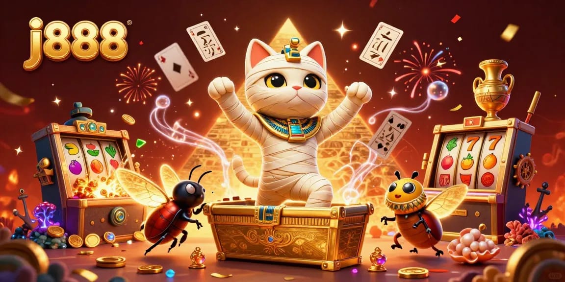 Experience thrilling action with j888 in this vibrant casino scene featuring Egyptian elements and slot games.