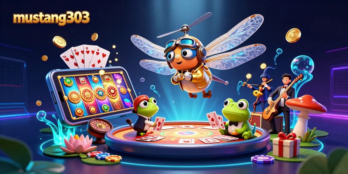 Win big with mustang303 in this vibrant 3D casino scene featuring dragonfly pilot and frog dealer.