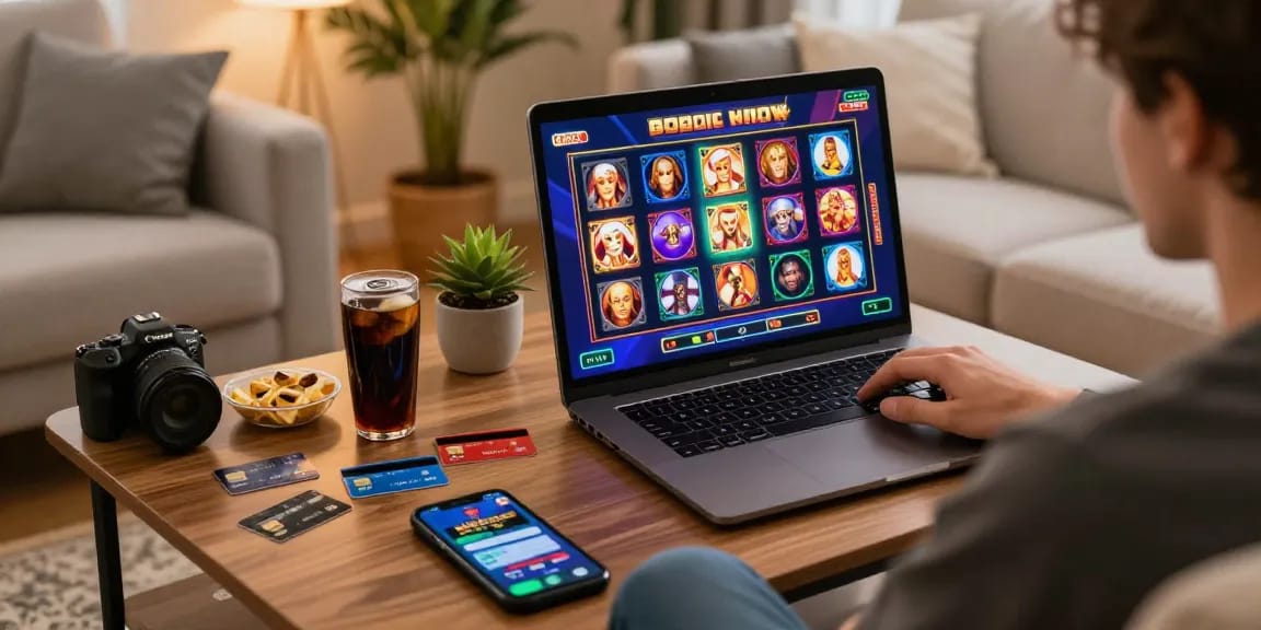 Engaging scene of a player enjoying credit card casinos at home with snacks and a laptop.