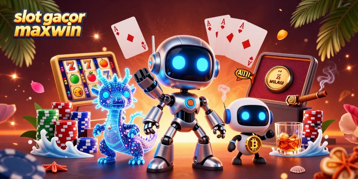 Memenangkan slot gacor maxwin dengan ilustrasi mesin slot dan karakter futuristik yang menarik.