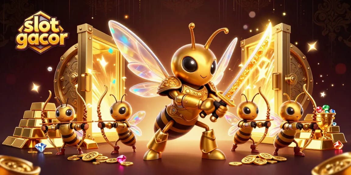 Menang besar di slot gacor dengan ilustrasi 3D karakter kasino berkilau dan harta karun.