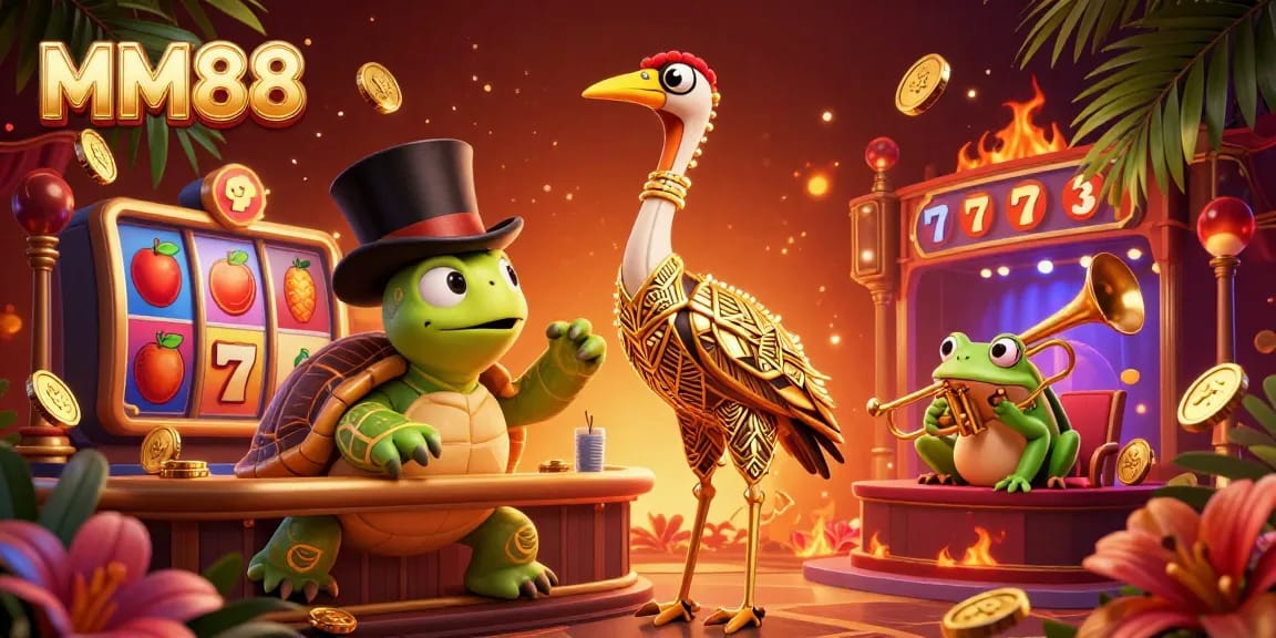 Engage with MM88’s exhilarating slot games amidst vibrant characters in a colorful casino setting.