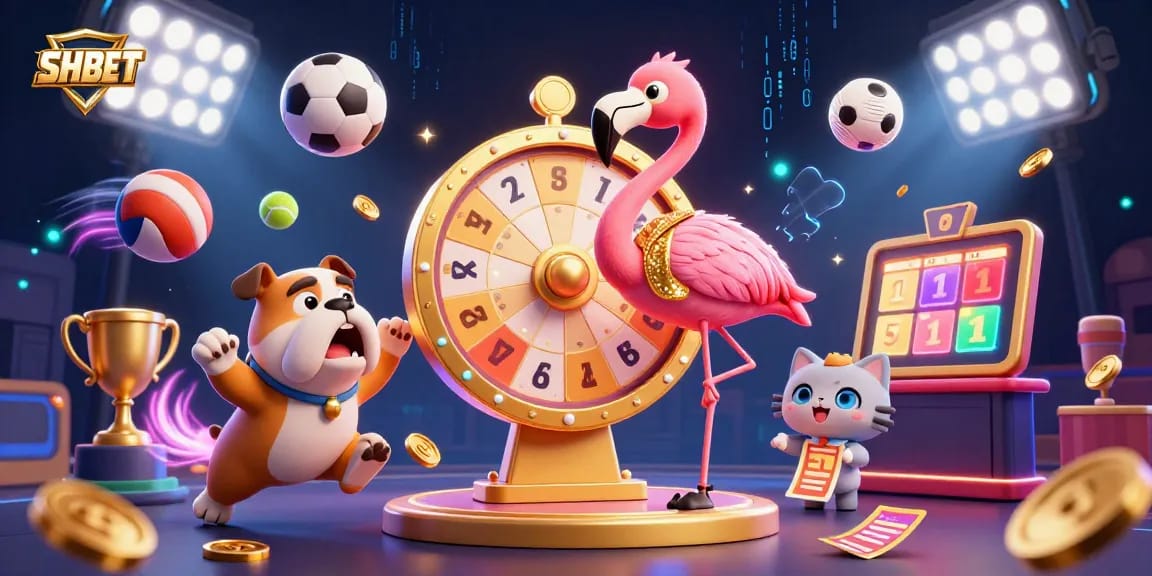 Engaging SHBET illustration highlighting dynamic gaming elements with a vibrant prize wheel and mascot interactions.