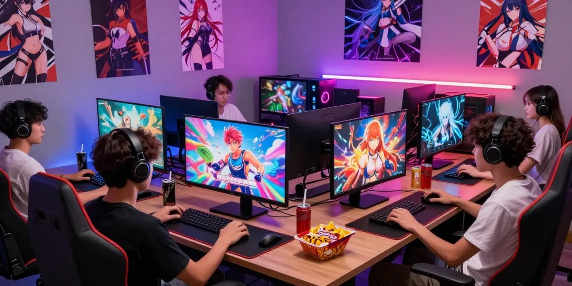Gamers enjoying a hentai game on vivid screens in a colorful gaming room.
