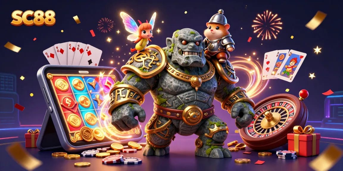 Experience SC88's vibrant casino action with a magical scene of a golem guardian and companions.