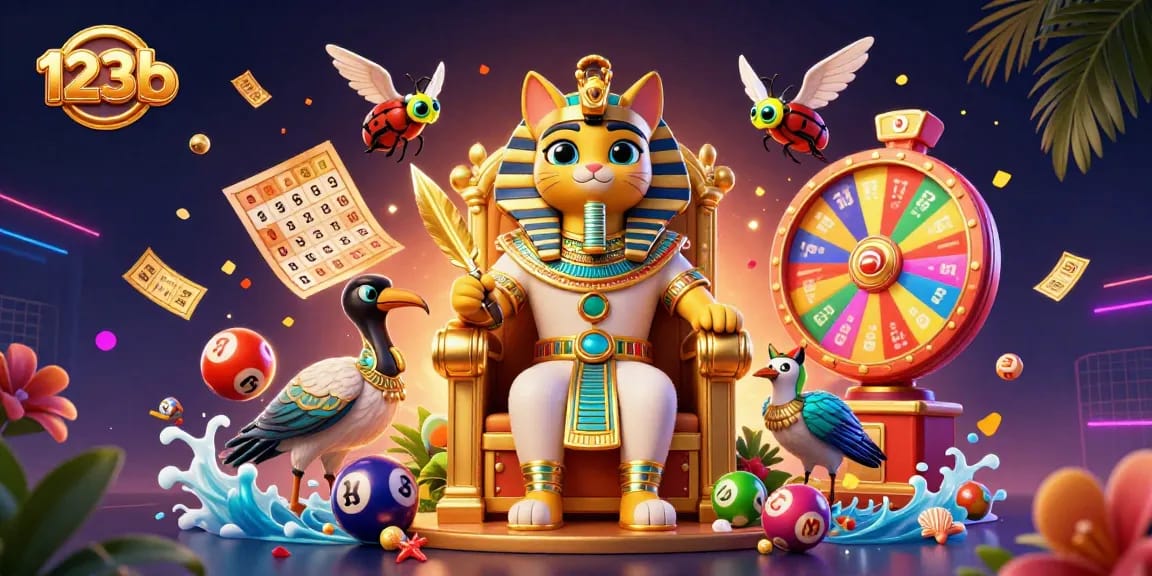 Engage with 123b's vibrant lottery scene featuring an Egyptian pharaoh cat surrounded by colorful game elements.