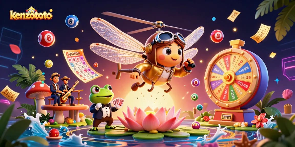 Engage with kenzototo's vibrant gaming scene featuring a dragonfly pilot, frog croupier, and colorful lottery elements.