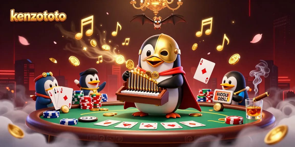Watch kenzototo in action with a playful penguin playing an organ amidst casino treasures.