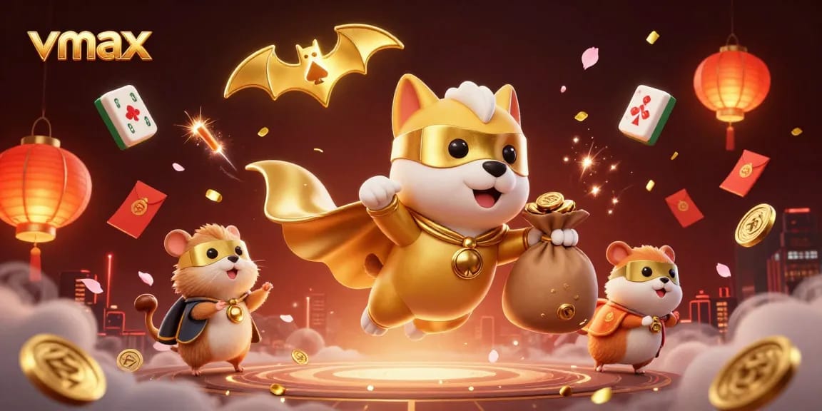 Experience vmax gaming with excitement as the superhero dog and sidekick hamster soar above a vibrant casino.