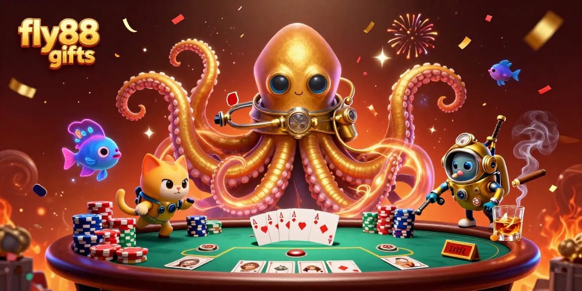 Experience excitement with fly88 gifts at a vibrant online casino scene featuring a colossal kraken.