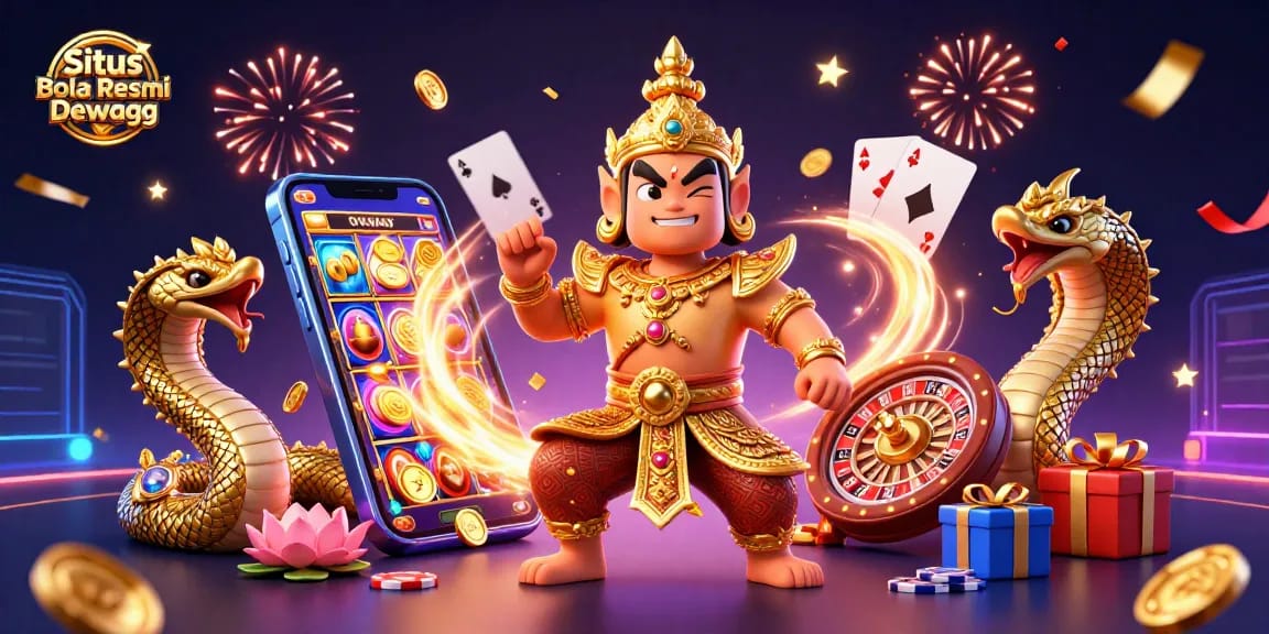 Situs Bola Resmi Dewagg showcases vibrant casino action with characters celebrating and gaming elements exploding.