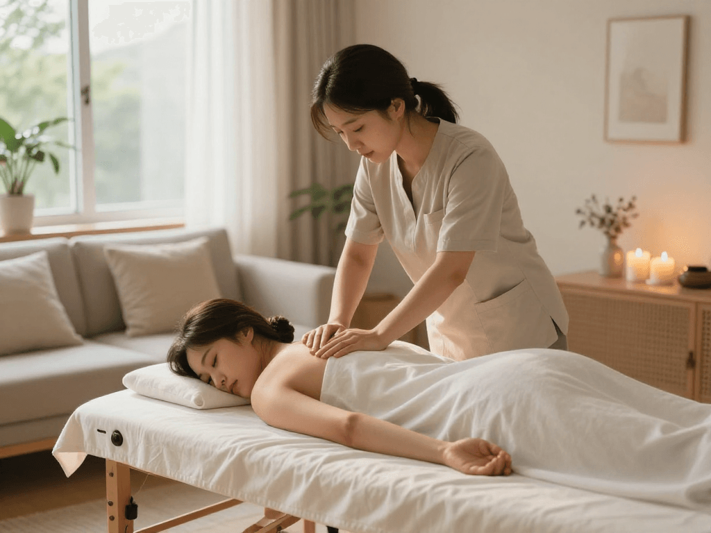 Relaxing 서울출장안마 session with a professional therapist in a tranquil home setting.