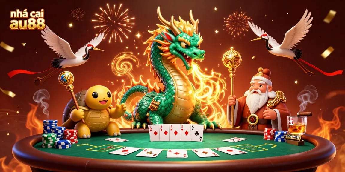 Engaging scene showcasing nhà cái au88 with a jade dragon, turtle sage, and lucky cranes amidst a rich gambling atmosphere.