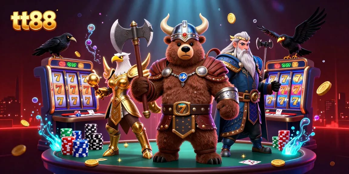 tt88 casino illustration showcasing a Viking bear and Valkyrie eagle amidst vibrant gaming action.