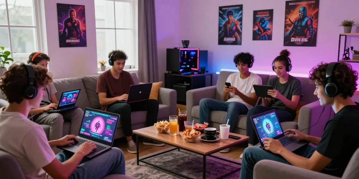 Young adults enjoying engaging porno games on various devices in a vibrant gaming environment.