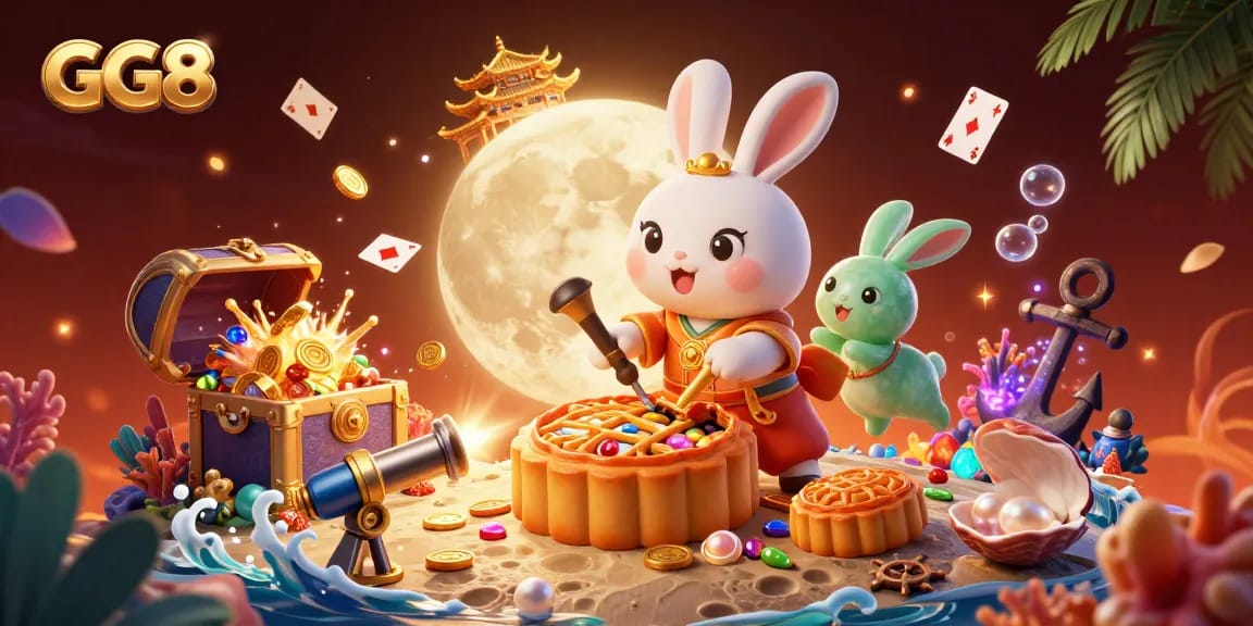 Experience the thrill of GG8 with a vibrant casino scene featuring a moon rabbit and slots.