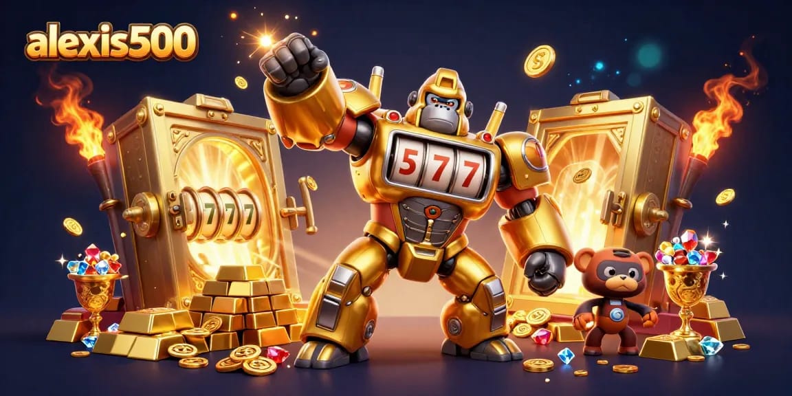 A thrilling scene of the alexis500 golden gorilla mech celebrating wins with spinning slot reels and coins exploding.
