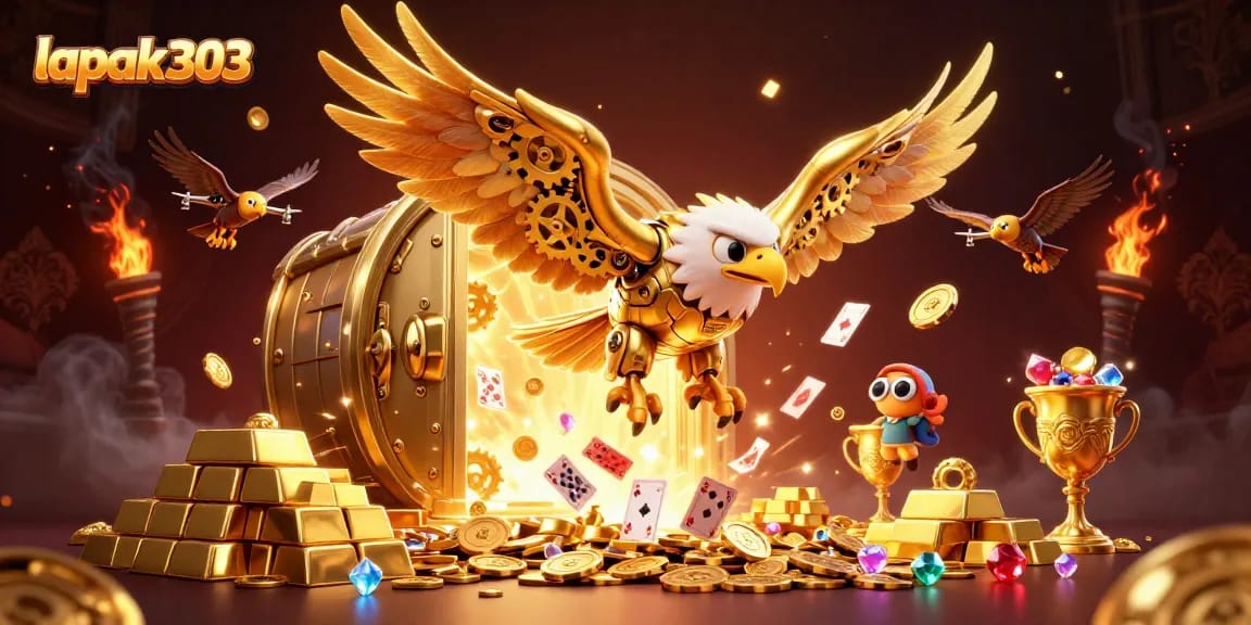 Experience thrilling wins at lapak303 with a dynamic scene of gold, cards, and excitement.