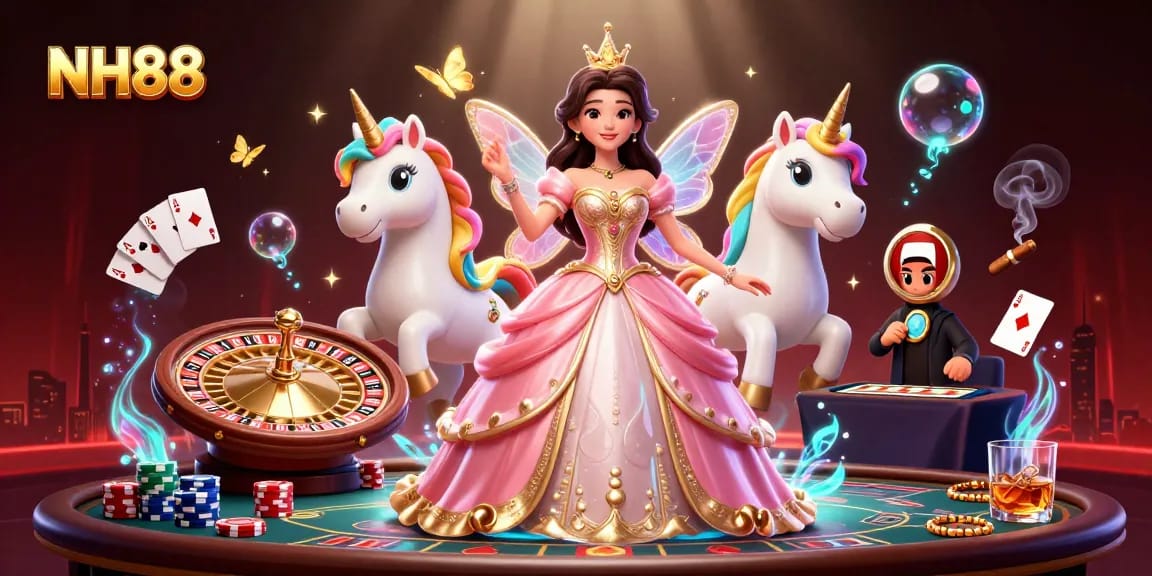 Win big with NH88's vibrant casino scene featuring a glamorous Asian woman and golden unicorn.