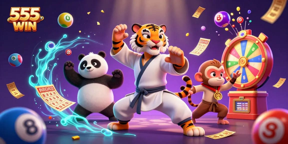Experience the excitement of 555 WIN with a vibrant scene showcasing a kung fu tiger master, vibrant lottery balls, and golden rewards.