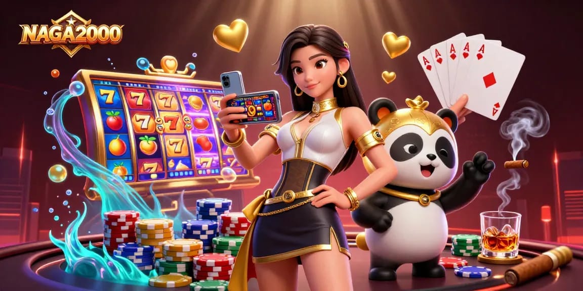 NAGA2000 menampilkan suasana kasino yang hidup, dengan tampilan smartphone yang digamifikasi di samping seorang wanita Asia dan panda yang bermain.