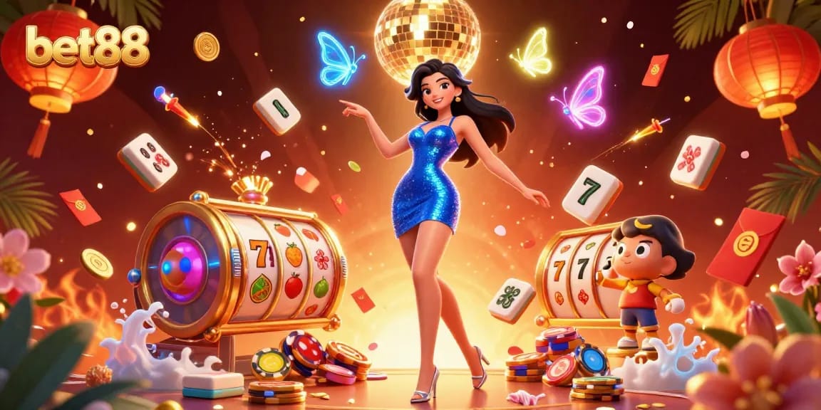 Bet88 slots illustration featuring a glamorous woman dancing amid vibrant casino elements.